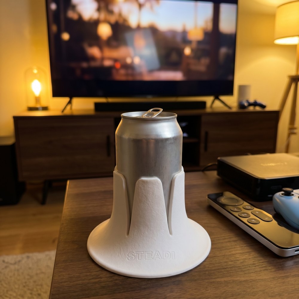 A can standing in a white Steadi on a wooden table in a warmly lit interior.