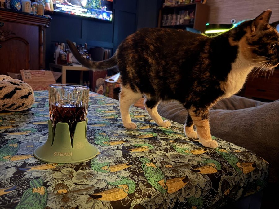 A dim living room at night: a glass of dark cola sits in a sage-green STEADI base on a fabric-topped ottoman while a calico cat walks across the same ottoman; a TV plays in the background